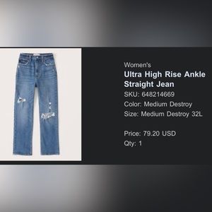 NWT Abercrombie & Fitch The Ankle Straight Ultra High Rise